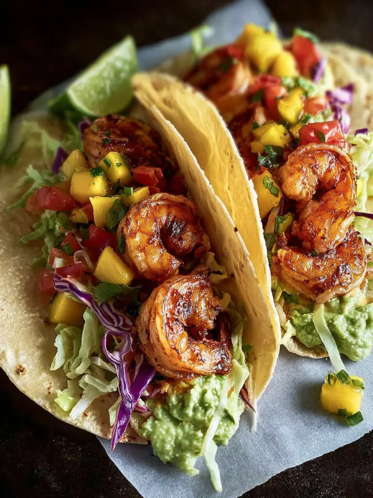 Shrimp Tacos with Avocado Crema Slaw and Mango Pico First Image